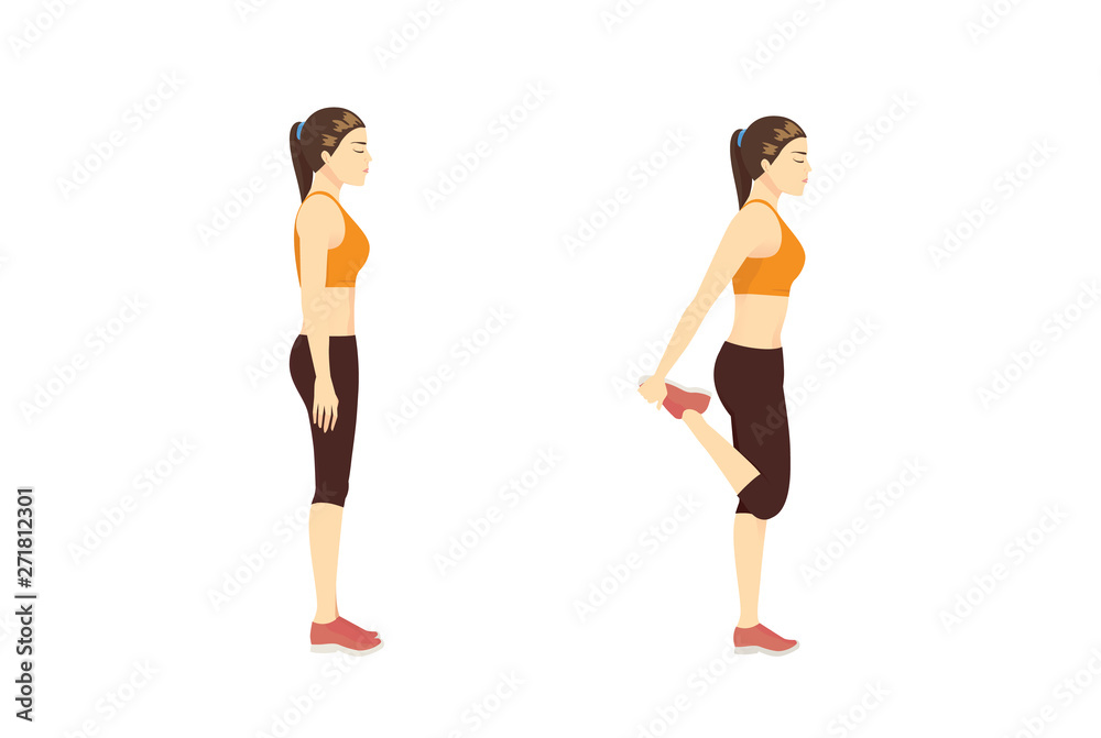 Woman doing Stretch Exercise with Quadriceps Stretch while standing in 2 step. Illustration about exercise diagram.