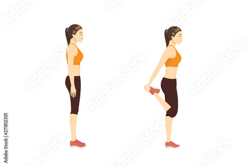Woman doing Stretch Exercise with Quadriceps Stretch while standing in 2 step. Illustration about exercise diagram.