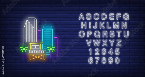 Miami city skyscrapers and lifeguard station neon sign. Beach, tourism, travel design. Night bright neon sign, colorful billboard, light banner. Vector illustration in neon style.
