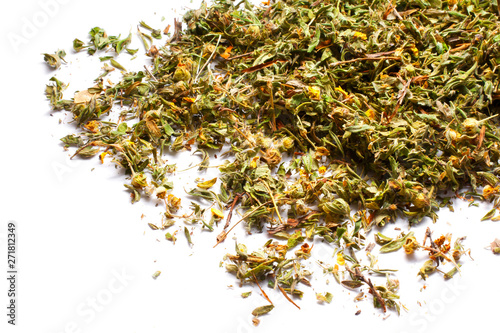Pile of shredded dried Kuril tea leaves isolated on white