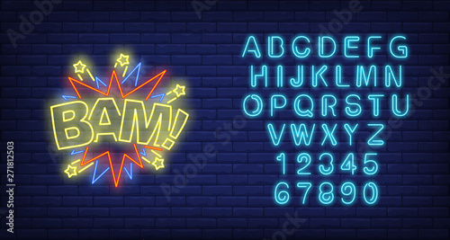 Bam lettering neon sign. Word with bang shapes and stars on brick wall background. Vector illustration in neon style for billboards, banners, party invitation