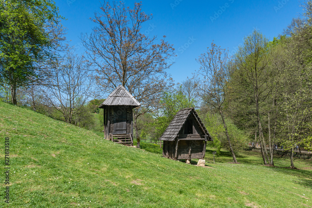 Trsic, Serbia - April 21, 2019: Part of the household where Vuk Stefanovic Karadzic was born. He was a Serbian philologist and linguist who was the major reformer of the Serbian language. Trsic, Serbia - April 21, 2019: Part of the household where Vuk Stefanovic Karadzic was born. He was a Serbian philologist and linguist who was the major reformer of the Serbian language.