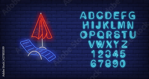 Chaise longue and beach umbrella neon sign. Summer, holiday, vacation, resort design. Night bright neon sign, colorful billboard, light banner. Vector illustration in neon style.
