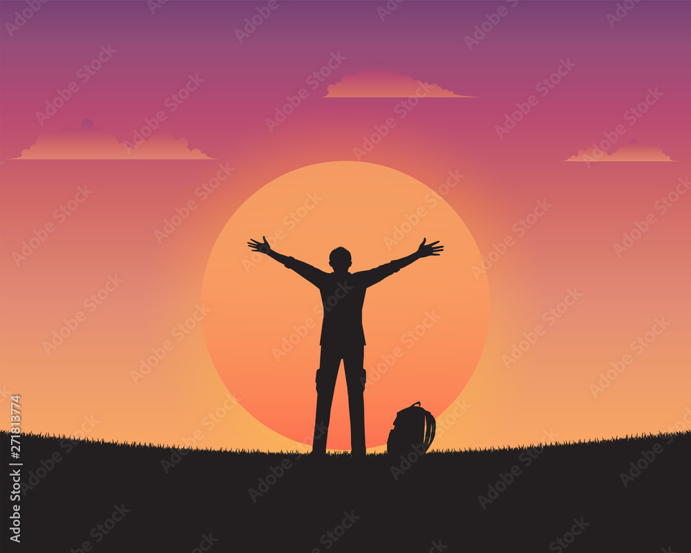 Silhouette happy a man of sunset background Silhouette happy a man of sunset background