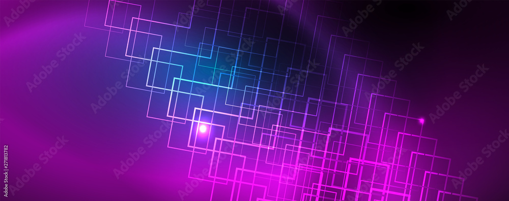 Fototapeta premium Neon glowing techno lines, hi-tech futuristic abstract background template, vector
