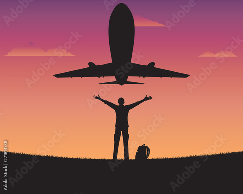 Silhouette happy a man of sunset background