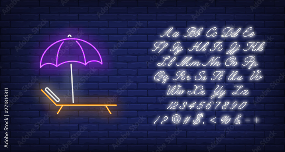 Bright beach umbrella and chaise longue neon sign. Summer, holiday,  vacation, resort design. Night bright neon sign, colorful billboard, light  banner. Vector illustration in neon style. Stock Vector | Adobe Stock