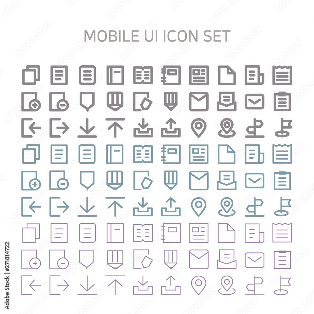 Vector illustration of mobile-ui icons for mobile, interface, mobile site, mobile icon, line icon, flat icon, document, note, notebook, book, receipt, exercise book, search, large, small, pencil.
