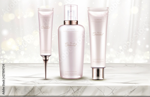 Cosmetics bottles mockup, skin care beauty product line on marble table top with white silk curtains background. Cream, serum, spray cosmetic tubes packaging design. Realistic 3d vector illustration