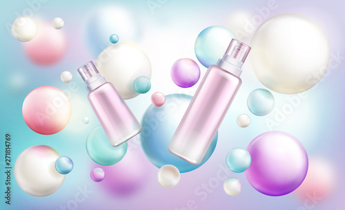 Cosmetics sprayer tubes mock up, beauty cosmetics different size bottles with pump cap on rainbow defocused background with flying soap bubbles, spheres. Lotion, serum Realistic 3d vector illustration
