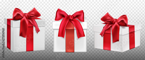 Gift or present boxes with red bow set. Festive packages mockup wrapped with silk ribbon isolated on transparent background. White cardboard, paper packaging Realistic 3d vector illustration, clip art
