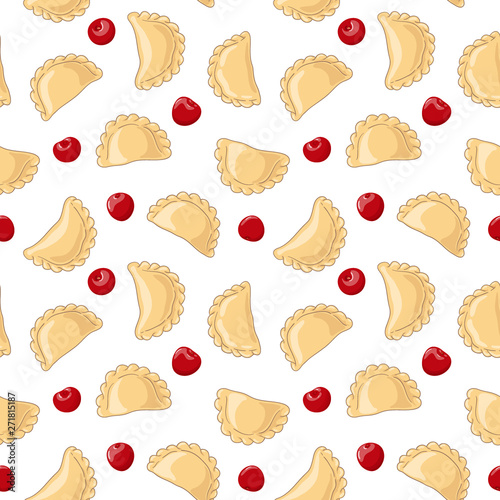 Dumplings (pierogi, varenyky, pelmeni) with cherry seamless pattern. Dumplings and cherries on white background. Polish cuisine. Eastern european cuisine. Vector hand drawn seamless pattern.