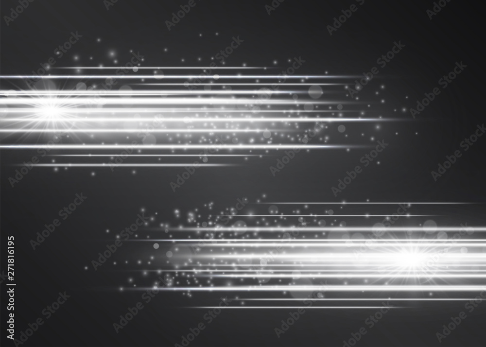 Laser silver white glow vector streams. Motion effect light blinking with glitter sparks on dark