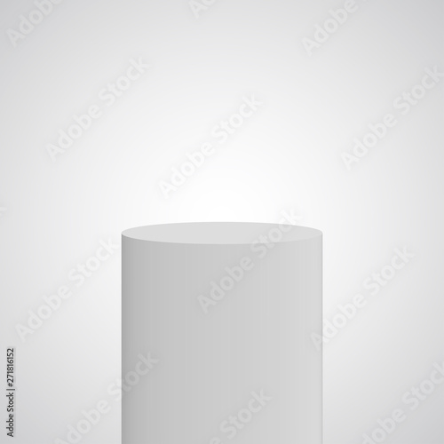 Cylinder winner pedestal vector mockup, white podium presentation stand for exhibitions, museums, advertising stands. Award winning goods platform, exclusive tribune for art objects. Plastic tribune.