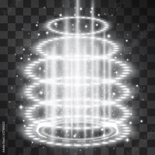 Futuristic white silver light portal, laser stream cylinder shape light with glowing swirls and sparkles on transparent background. Magical glittering illumination. Science fiction teleportation.