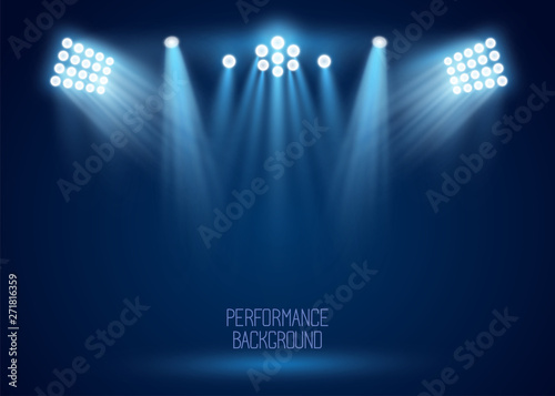 Floodlight, light projectors vector set for sports event, music show on the scene. Presentation, concert banner. Night entertainment, premiere poster. Club illumination for party, performance. photo