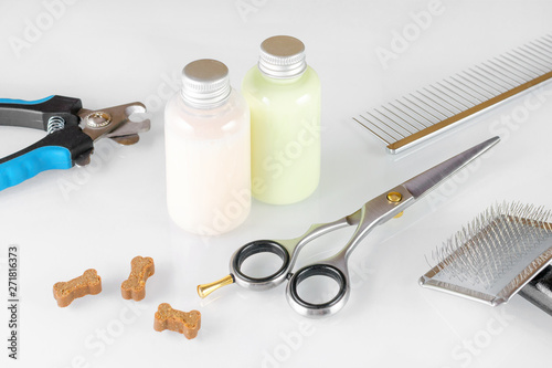 scissors with brush and comb for grooming, shampoo and dog treats