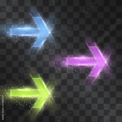 Arrow laser glow vector illumination set. Motion effect light flares on transparent background. Speedy energy stream for modern hi tech posters. Techno neon flow of fast particles, space shine trail.