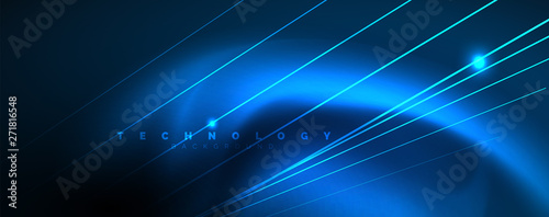 Neon blue glowing lines, magic energy space light concept, abstract background wallpaper design