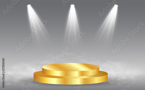 Golden podium with fame spotlights and fog vector illumination. Winner or product presentation concept. Luxurious, upper class stage, award ceremony. Projector rays of white light on the show scene.