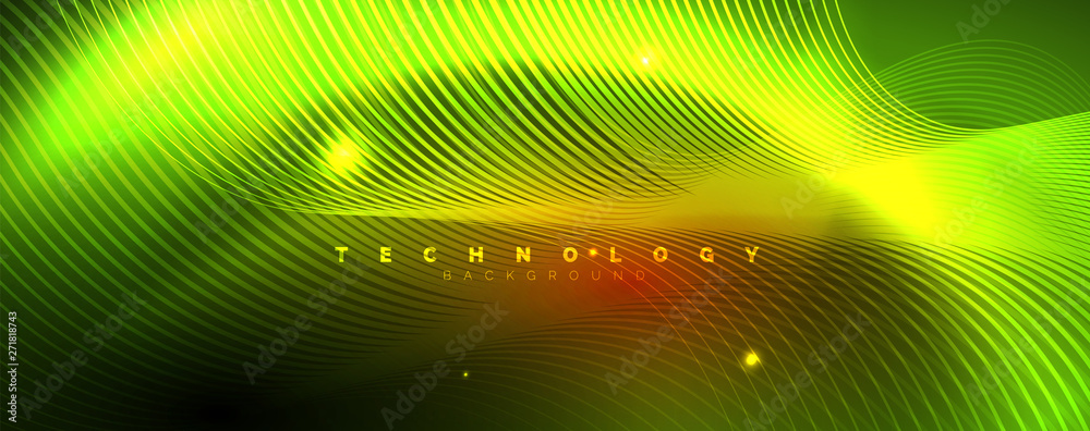 Bright neon circles and wave lines, glowing shiny background design template, digital techno concept.