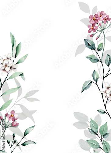 Fototapeta Naklejka Na Ścianę i Meble -  Greeting card template, watercolor leaf and flowers. Frame border, floral background hand painted. Summer design isolated on white.