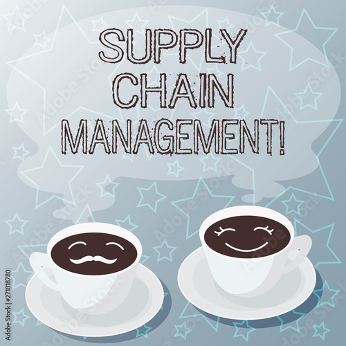 Handwriting text writing Supply Chain Management. Concept meaning analysisagement of the flow of goods and services Sets of Cup Saucer for His and Hers Coffee Face icon with Blank Steam