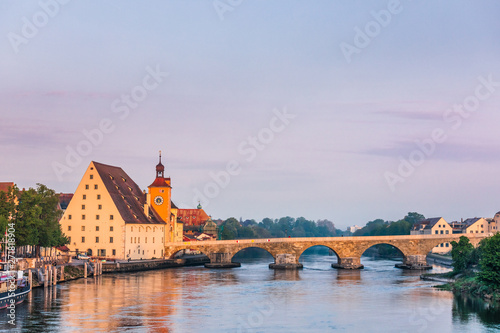 Stone Bridge over Danube river at Regensburg Bavaria Germany