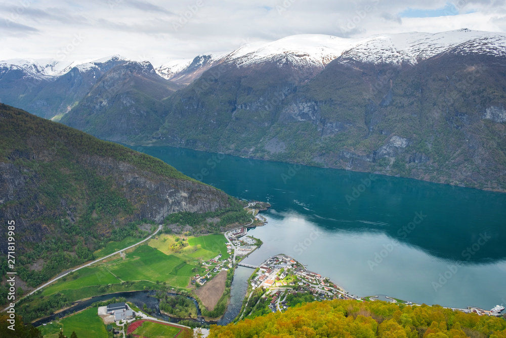 Panoramic views of Aurland Fjord Stegastein viewpoint in spring in Norway