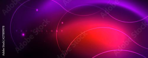 Shiny neon lights, dark abstract background with blurred magic neon light curved lines