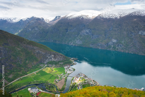 Panoramic views of Aurland Fjord Stegastein viewpoint in spring in Norway © Lana Kray