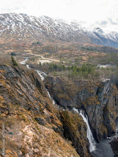 Nature and landscape of Norway, canyon waterfall panorama Voringfossen