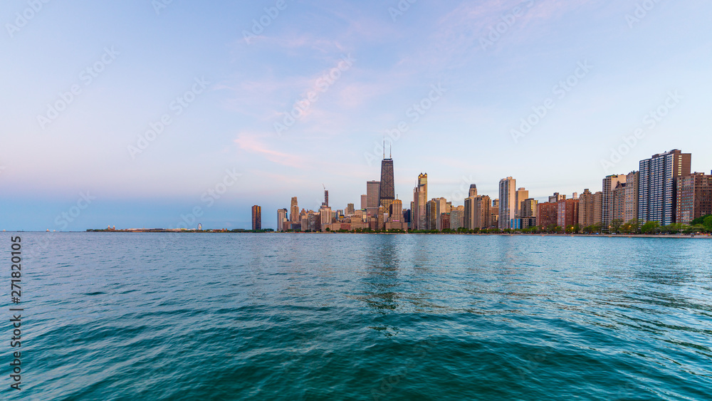 Chicago Skyline Panorama at Sunset no clouds