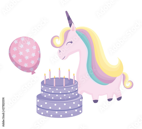 cute unicorn with cake birthday and balloon helium