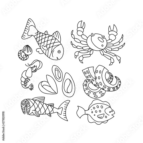 Set of doodles, hand drawn rough simple seafood theme sketches. Vector set isolated on white background. Seafood fish elements. Child illustration for web design, textile prints, covers, posters, menu