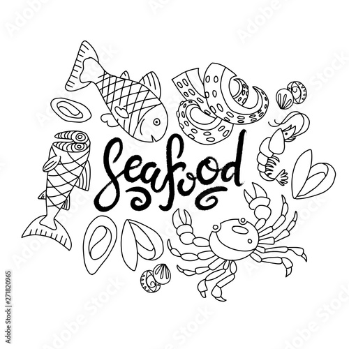 Set of doodles, hand drawn rough simple seafood theme sketches. Vector set isolated on white background. Seafood brush lettering. Kid illustration for web design, textile prints, covers, posters, menu