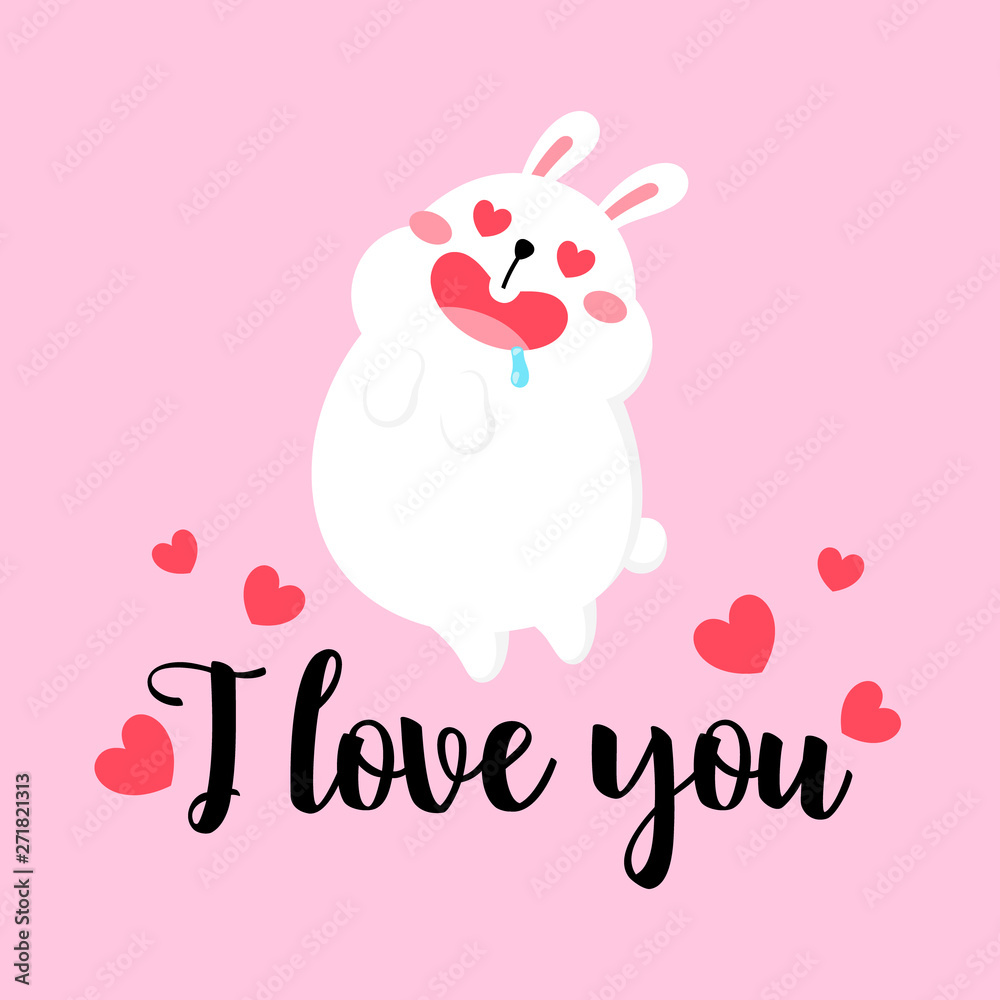 Cute cartoon card with rabbit. Vector illustration. Valentine s day concept. Bunny funny print