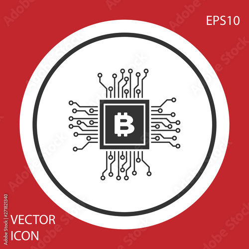 Grey CPU mining farm icon isolated on red background. Bitcoin sign inside processor. Cryptocurrency mining community. Digital money. White circle button. Vector Illustration