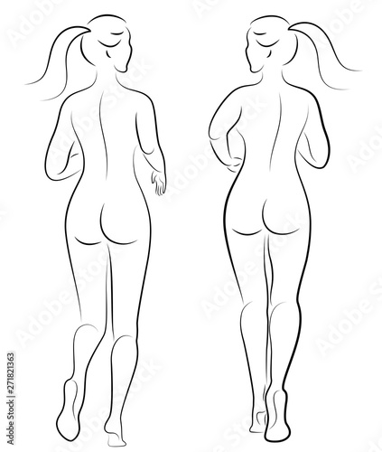 Collection. Silhouette of slender lady. The girl is running. The woman goes in for sports, strengthens health. Back view. Vector illustration set