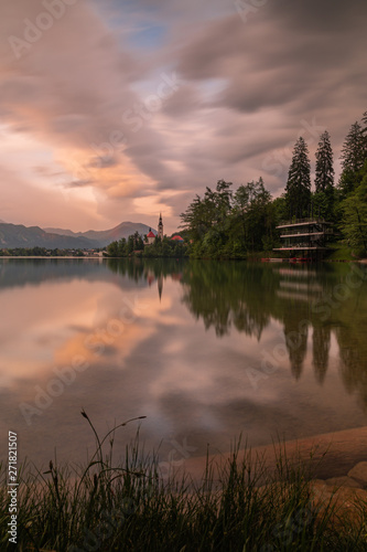sunset at the lake bled in slovenia 