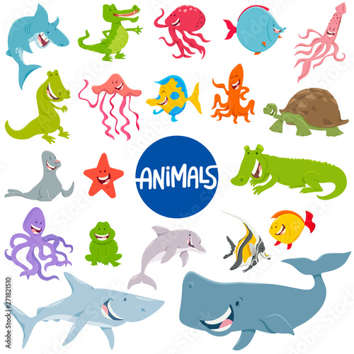 cartoon marine animal characters set