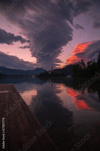 sunset at the lake bled in slovenia 
