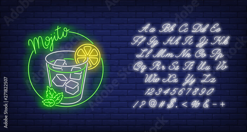 Mojito neon text, drink glass, ice cubes, lemon and mint. Cocktail bar design. Night bright neon sign, colorful billboard, light banner. Vector illustration in neon style.