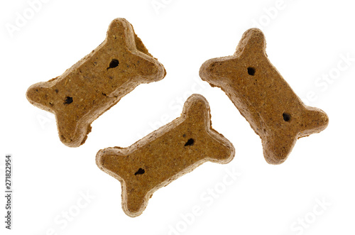 Peanut butter dog biscuits on a white background.