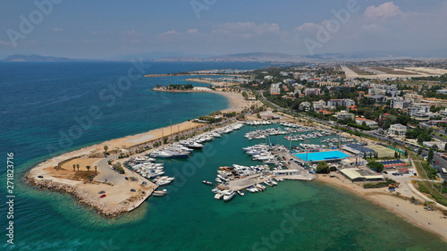 Fototapeta Naklejka Na Ścianę i Meble -  Aerial drone panoramic photo of famous seaside area of Glyfada, Attica, Athens riviera, Greece