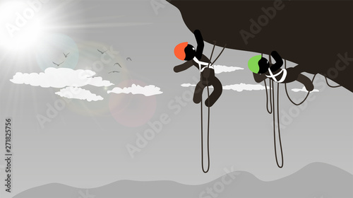 vector silhouettes of bungee jumping in the mountains at sunset background