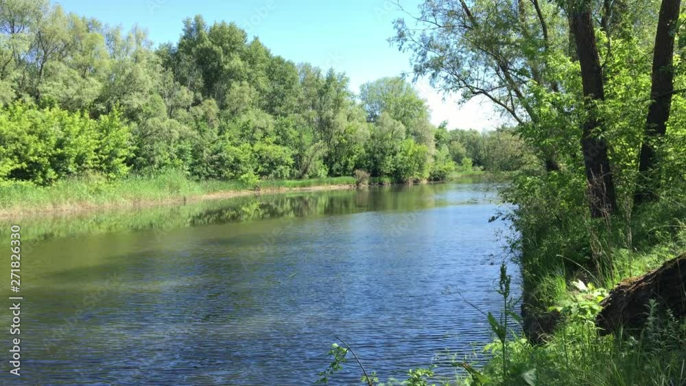 Forest-covered banks of the forest river with ripples in the water from the wind. Forest-covered banks of the forest river with ripples in the water from the wind.