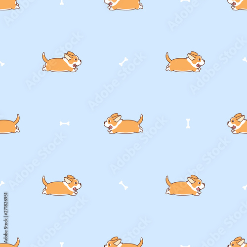 Cute welsh corgi long tail running cartoon seamless pattern, vector illustration