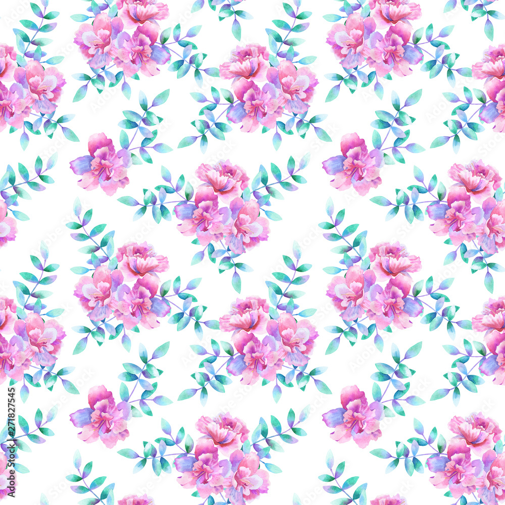 Beautiful purple pink flowers and green purple branches. Floral seamless pattern. Hand drawn watercolor illustration. Texture for print, fabric, textile, wallpaper.