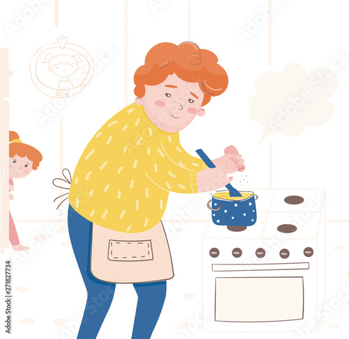 Illustration of a father preparing a meal